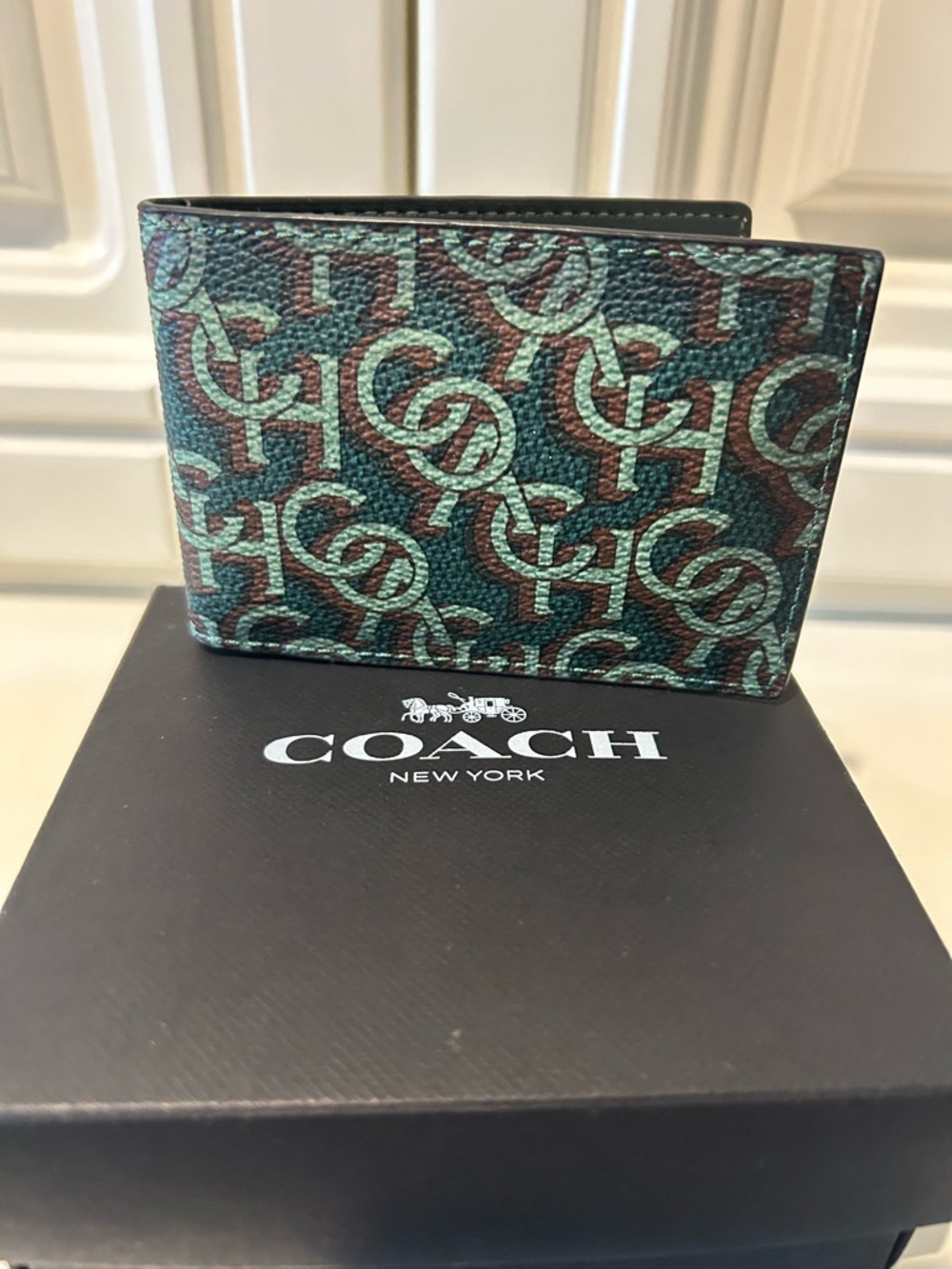Coach Men's Bi-Fold Card Holder in Teal and Brown Signature Print